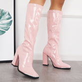 Patent Leather Square Toe Block Chunky Heel Knee High Boots Oshnow